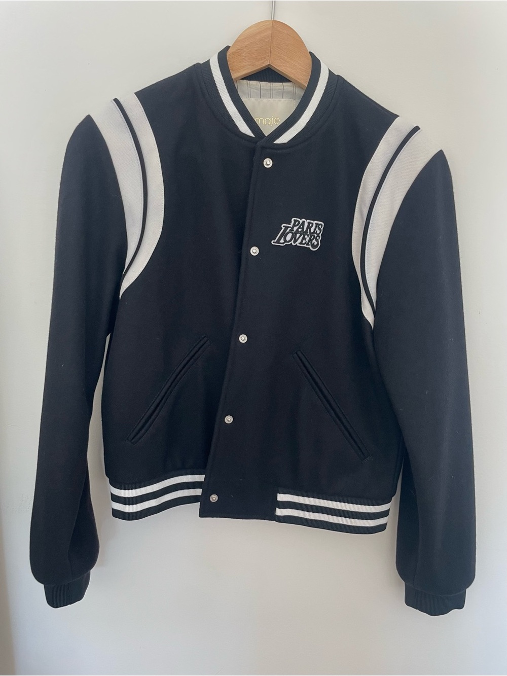Maje Black and White Wool Varsity Jacket Paris Lovers Size 36/4